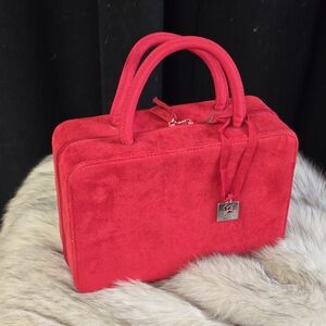Lancôme Red Suede Makeup/Toiletry Bag – Excellent Condition, Mirror Inside!